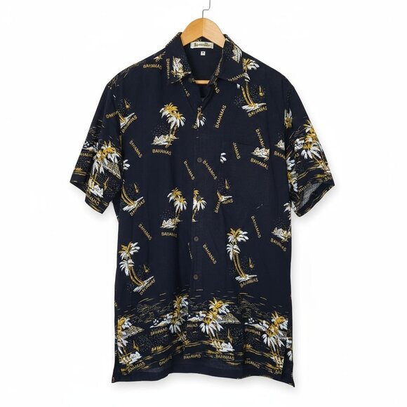 Shoreline Bahamas Shirt Men’s M Blue Hawaiian Button Up 100% Cotton Palm Trees - Picture 1 of 10